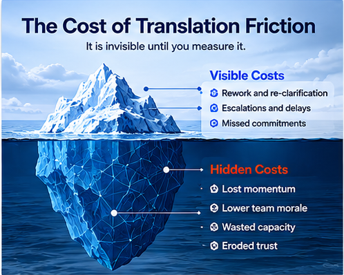 A visual showing translation friction increasing as an organization scales across teams, tools, and process layers.