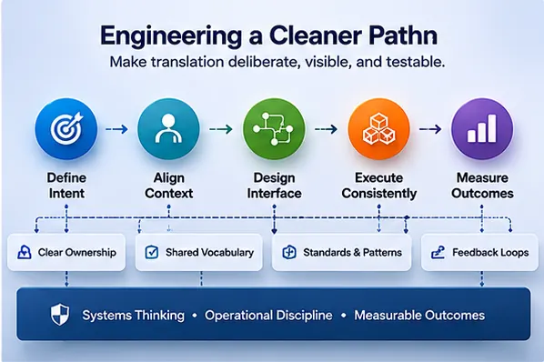 A clean diagram showing a deliberate operating path from intent to workflow, systems, evidence, and feedback.