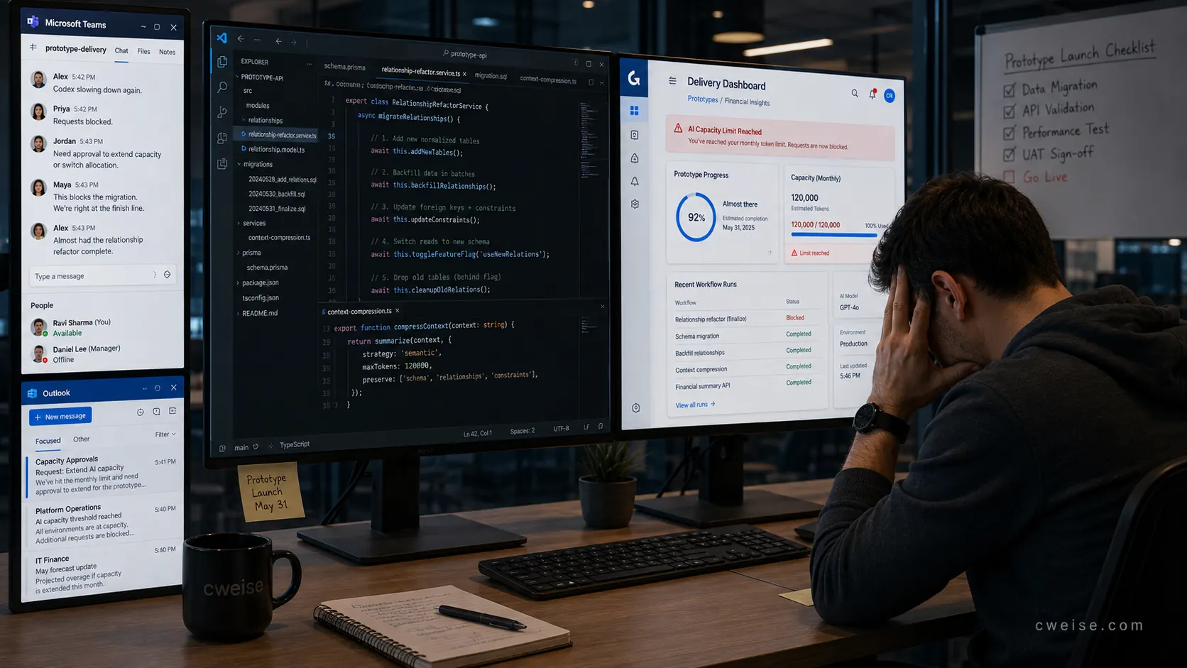 A developer workspace showing a workload dashboard prototype, Codex-assisted development work, and an AI capacity threshold reached at Friday 6:58 PM.