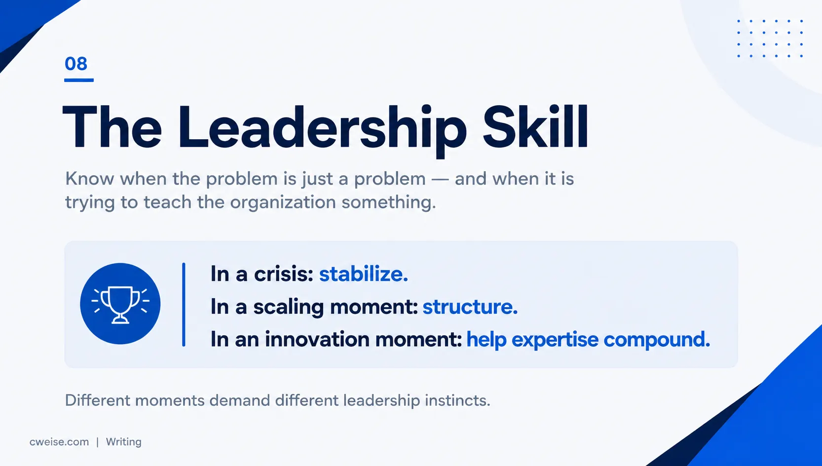 A closing visual reinforcing that the core leadership skill is recognizing what the moment actually requires.