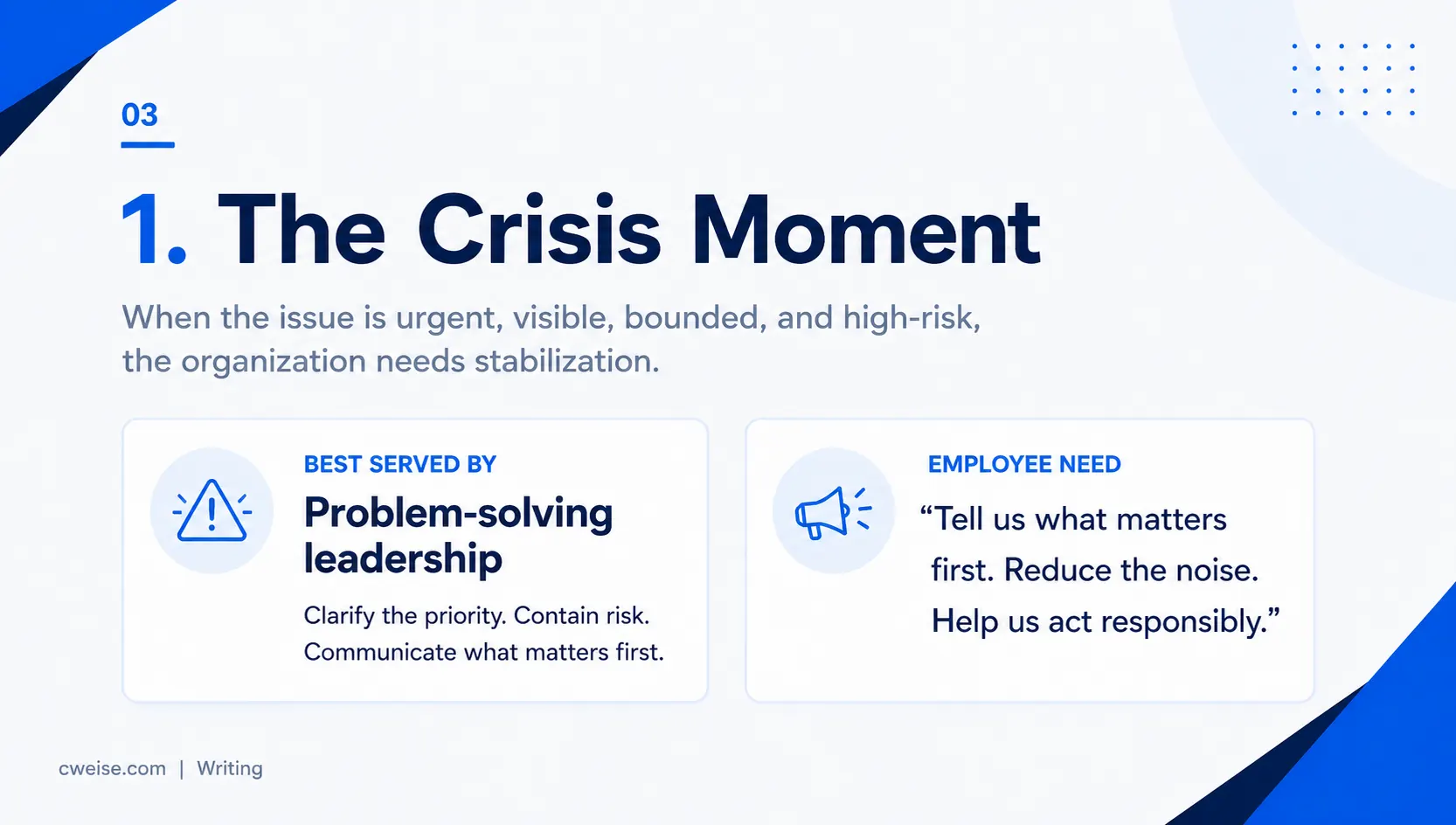 A crisis-moment visual showing that visible risk needs clear action and a leader who can stabilize the moment.